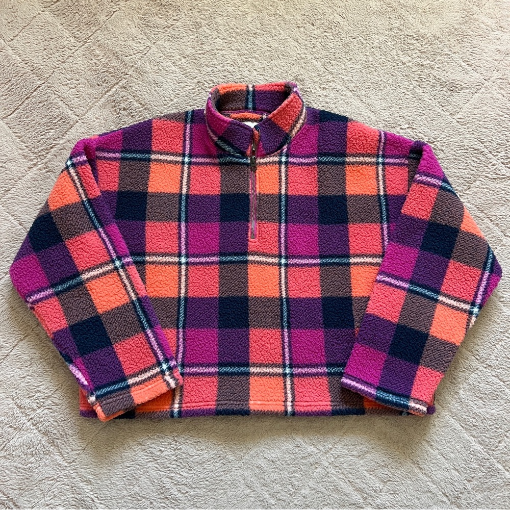 American Eagle Sherpa Sweater Cottagecore Retro Plaid Color Block Whimsical Sz L